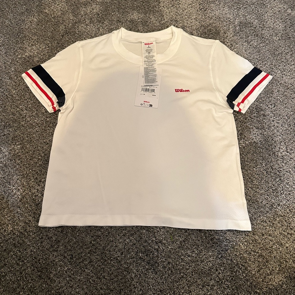 Wilson White and Red Short Sleeve Tee with Striped Sleeves